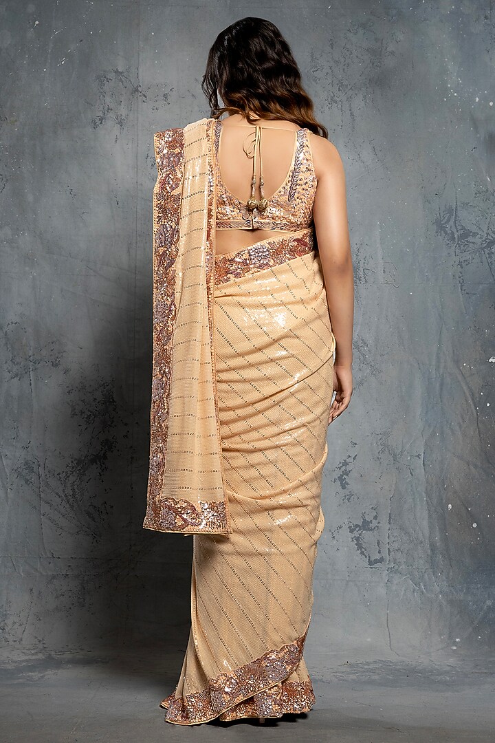 Rose Gold Georgette Sequins Embellished Reception Saree Set by Neeta Lulla at Pernia's Pop Up Shop