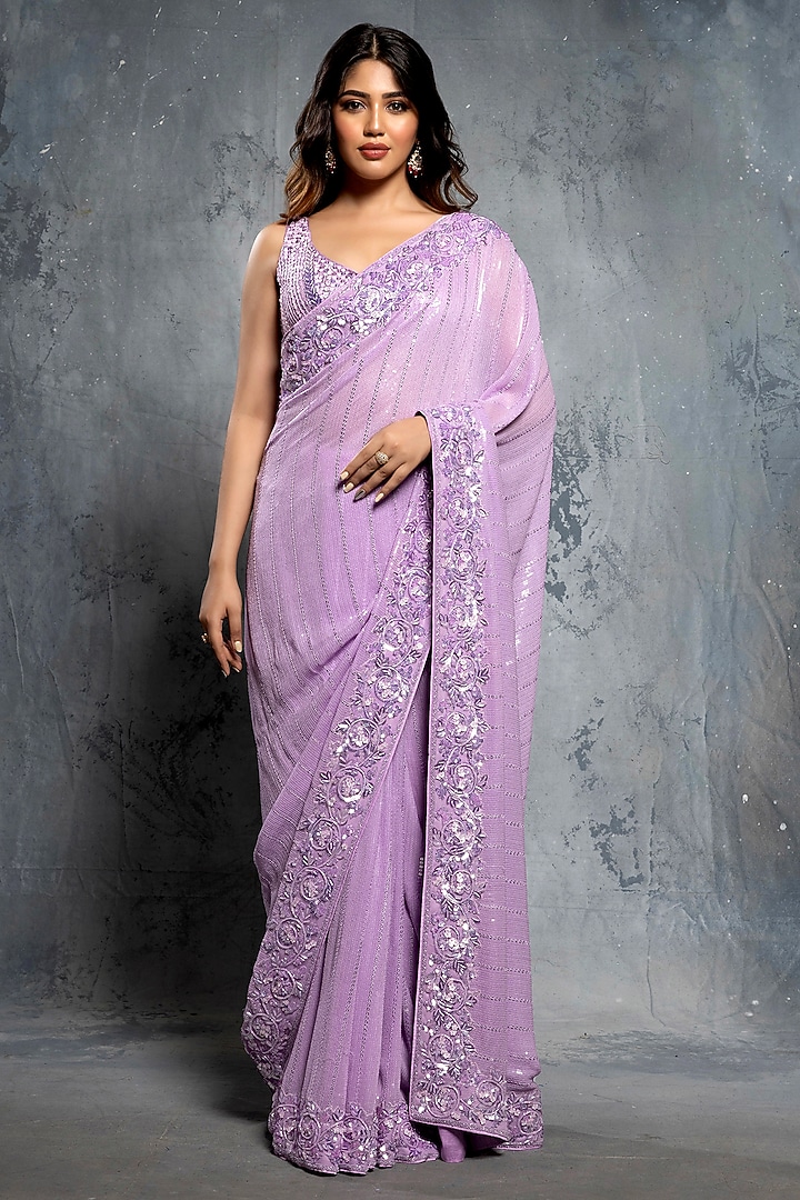 Lilac Georgette & Tulle Embellished Reception Saree Set by Neeta Lulla at Pernia's Pop Up Shop