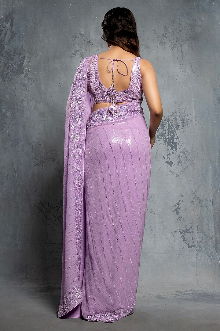 Lilac Georgette & Tulle Embellished Reception Saree Set by Neeta Lulla at Pernia's Pop Up Shop