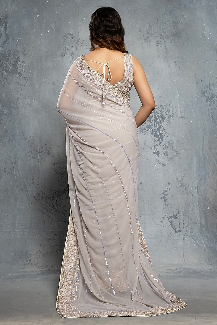 Dove Grey Georgette Sequins Embellished Reception Saree Set by Neeta Lulla at Pernia's Pop Up Shop