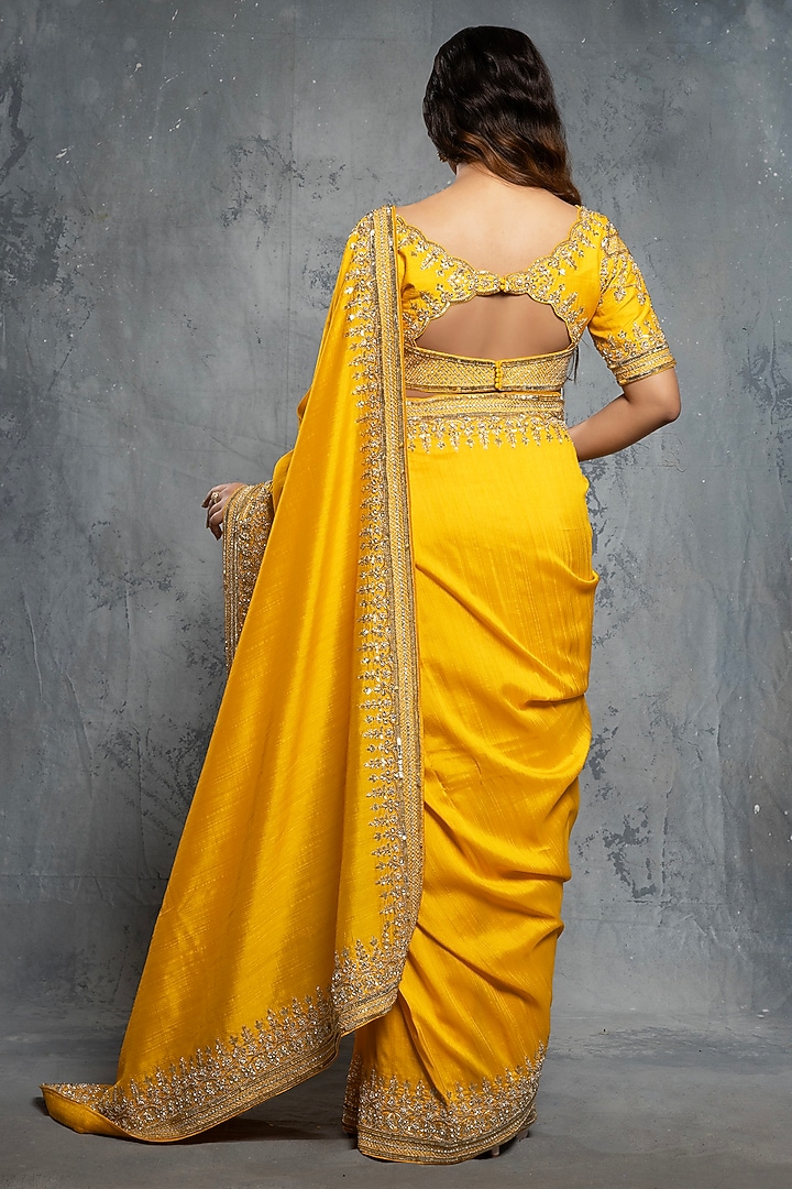 Mustard Yellow Tussar Silk Bead Embroidered Reception Saree Set by Neeta Lulla at Pernia's Pop Up Shop