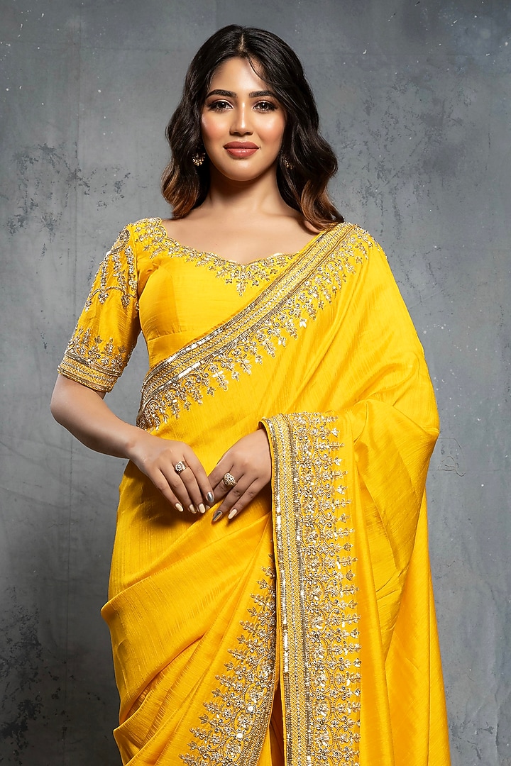 Mustard Yellow Tussar Silk Bead Embroidered Reception Saree Set by Neeta Lulla at Pernia's Pop Up Shop