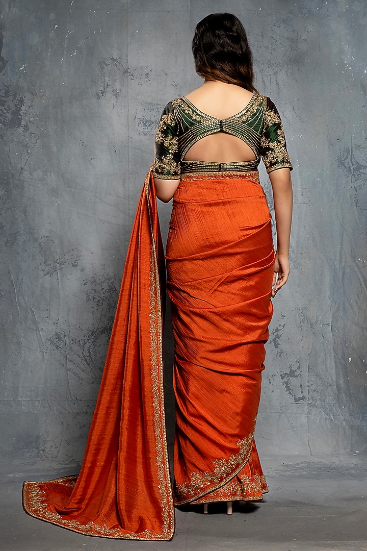 Burnt Orange Tussar Silk Embroidered Reception Saree Set by Neeta Lulla at Pernia's Pop Up Shop