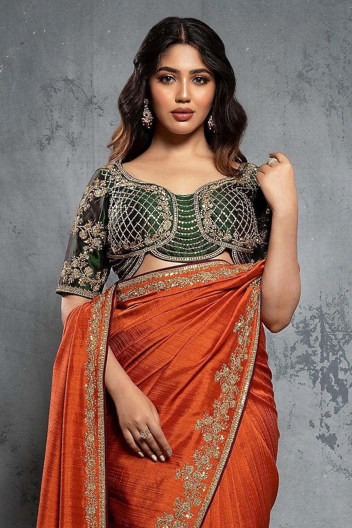 Burnt Orange Tussar Silk Embroidered Reception Saree Set by Neeta Lulla at Pernia's Pop Up Shop