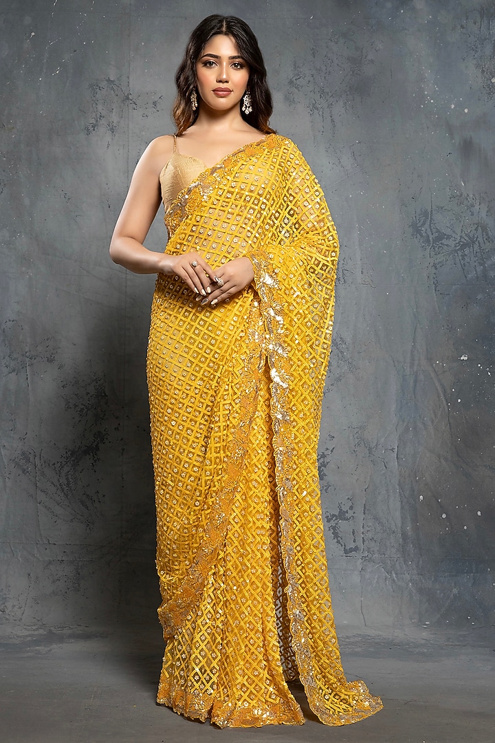 Canary Yellow Tulle Sequins Embroidered Reception Saree Set by Neeta Lulla at Pernia's Pop Up Shop