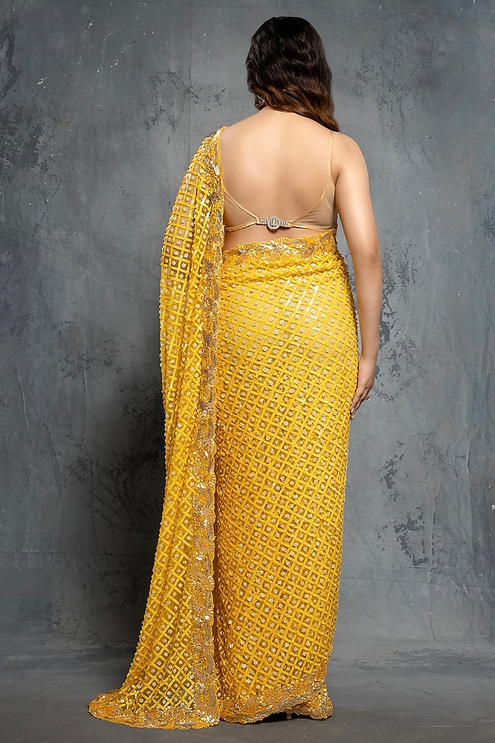 Canary Yellow Tulle Sequins Embroidered Reception Saree Set by Neeta Lulla at Pernia's Pop Up Shop