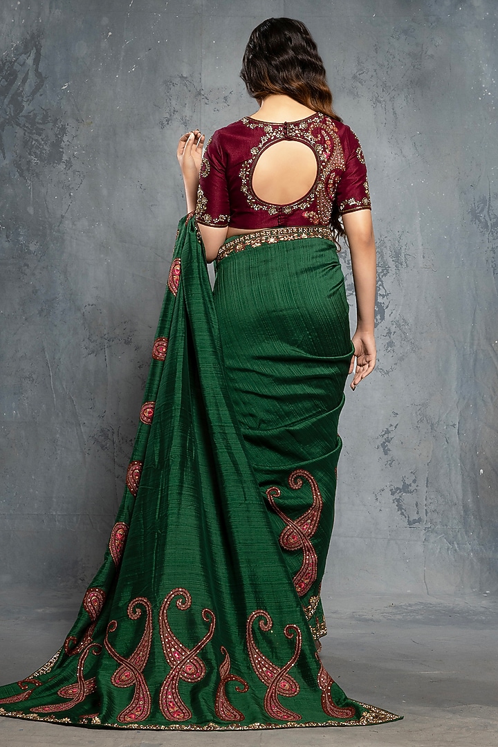 Forest Green Tussar Silk Embroidered Reception Saree Set by Neeta Lulla at Pernia's Pop Up Shop