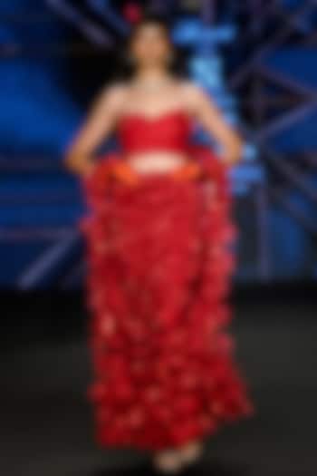 Crimson Red Satin Tissue Organza Floral Skirt Set by Neeta Lulla at Pernia's Pop Up Shop