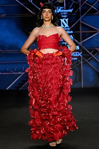 Crimson Red Satin Tissue Organza Floral Skirt Set by Neeta Lulla