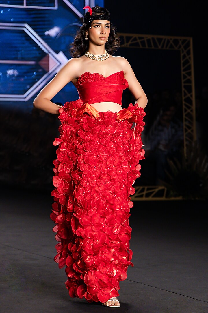 Crimson Red Satin Tissue Organza Floral Skirt Set by Neeta Lulla at Pernia's Pop Up Shop