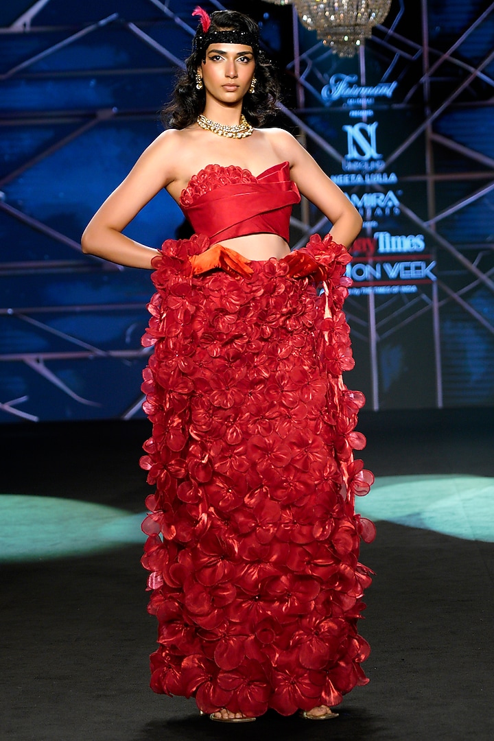 Crimson Red Satin Tissue Organza Floral Skirt Set by Neeta Lulla at Pernia's Pop Up Shop
