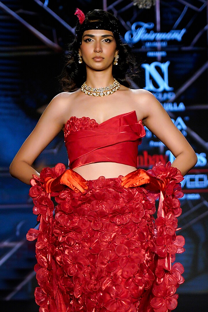 Crimson Red Satin Tissue Organza Floral Skirt Set by Neeta Lulla at Pernia's Pop Up Shop