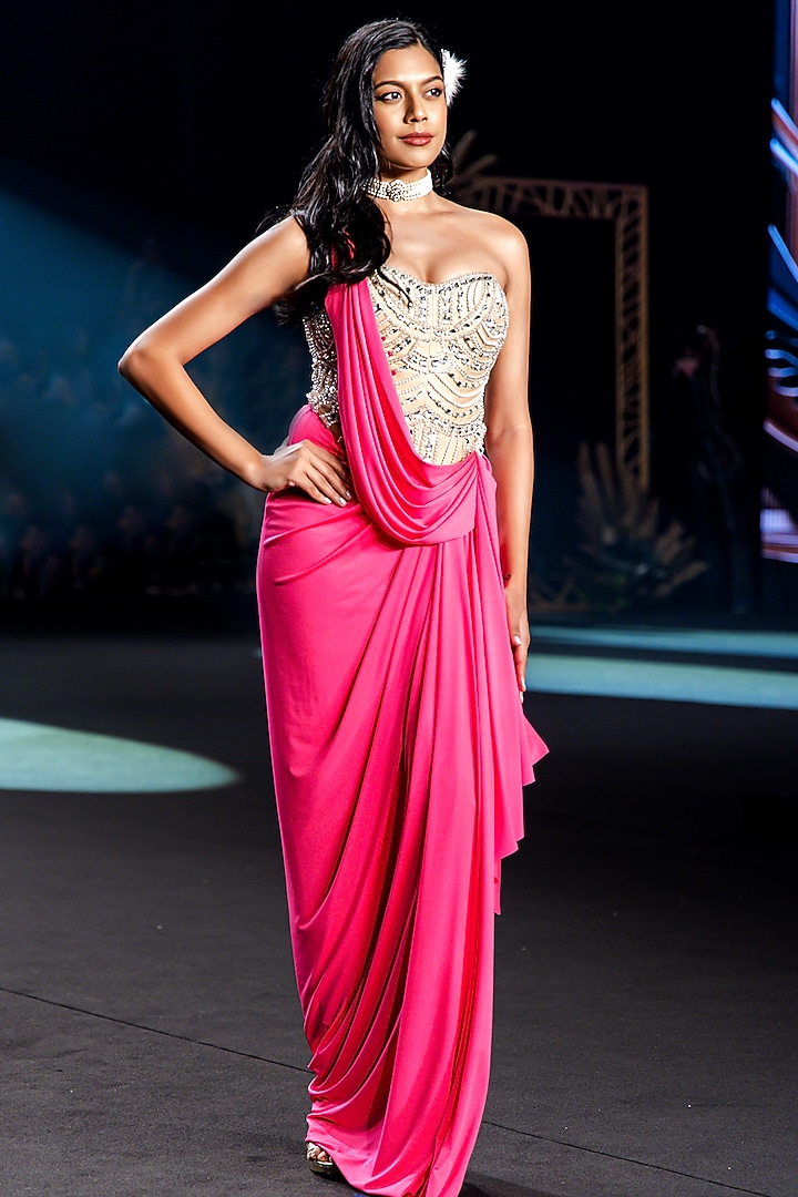 Nude & Hot Pink Stretch Fabric Draped Corset Engagement Gown by Neeta Lulla at Pernia's Pop Up Shop