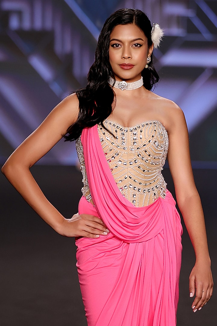 Nude & Hot Pink Stretch Fabric Draped Corset Engagement Gown by Neeta Lulla at Pernia's Pop Up Shop