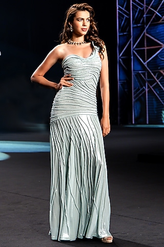 Metallic Turquoise Shimmer Stretch Pleated Gown by Neeta Lulla