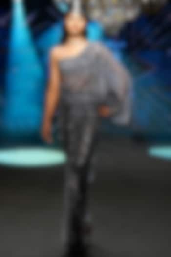 Blue Tulle Hand Embellished Draped Wedding Gown With Skirt by Neeta Lulla at Pernia's Pop Up Shop