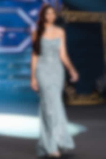 Turquoise Blue Shimmer Stretch Mirror Embellished Strapless Wedding Gown by Neeta Lulla at Pernia's Pop Up Shop