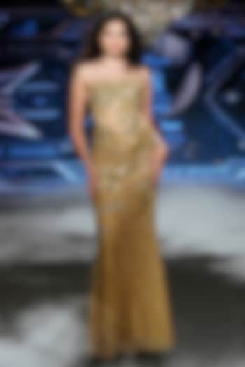 Golden Chantilly Lace & Tulle Crystal Embroidered Strapless Wedding Gown by Neeta Lulla at Pernia's Pop Up Shop