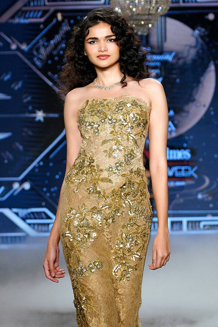 Golden Chantilly Lace & Tulle Crystal Embroidered Strapless Wedding Gown by Neeta Lulla at Pernia's Pop Up Shop