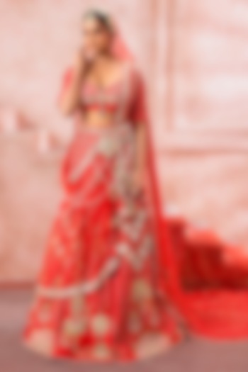 Deep Red Tulle Peal & Stone Embroidered Bridal Lehenga Set by Neeta Lulla at Pernia's Pop Up Shop