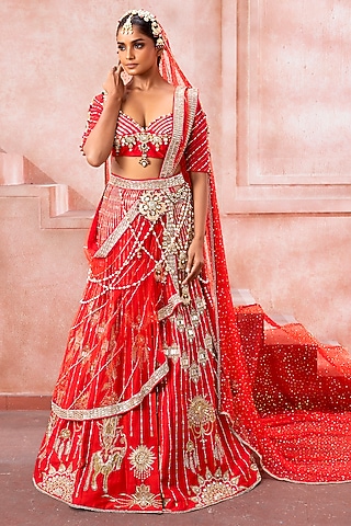 Deep Red Tulle Peal & Stone Embroidered Lehenga Set by Neeta Lulla