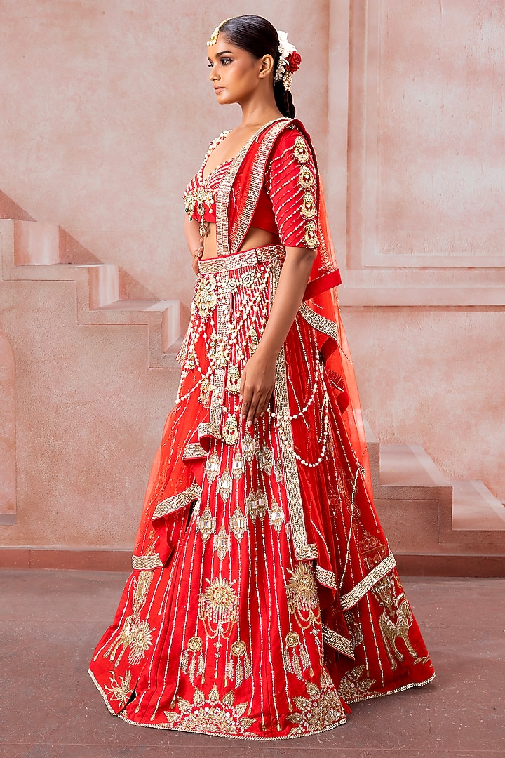 Deep Red Tulle Peal & Stone Embroidered Bridal Lehenga Set by Neeta Lulla at Pernia's Pop Up Shop