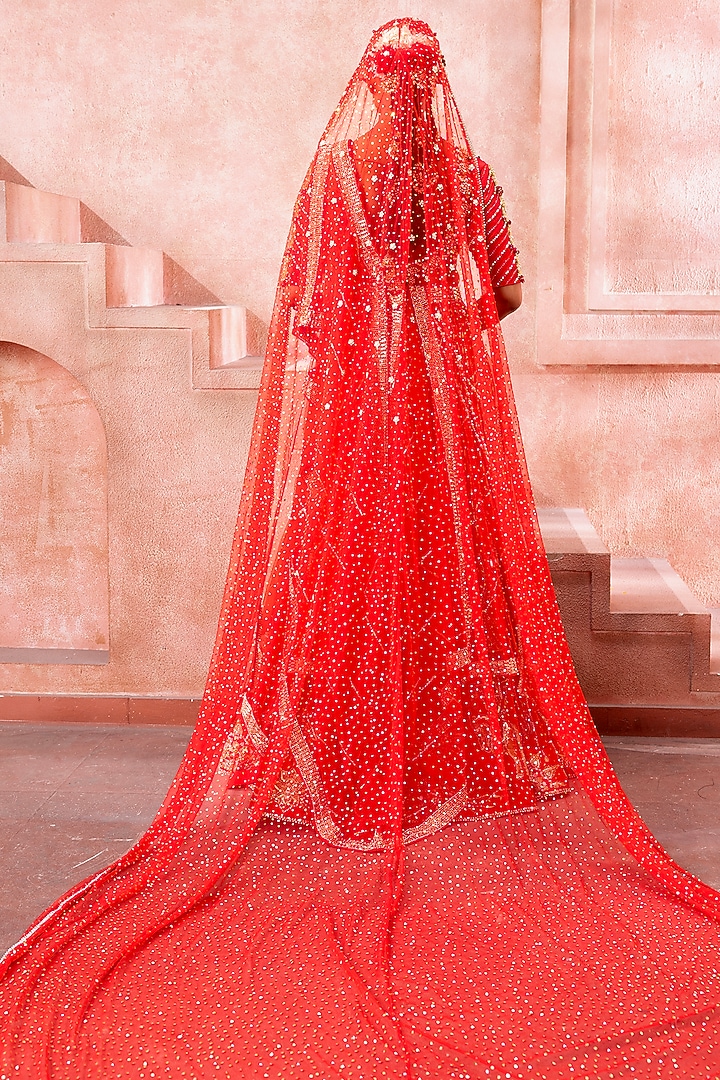 Deep Red Tulle Peal & Stone Embroidered Bridal Lehenga Set by Neeta Lulla at Pernia's Pop Up Shop