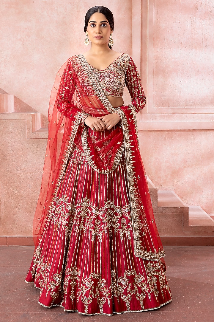 Maroon Tulle Sequins & Zari Embroidered Bridal Lehenga Set by Neeta Lulla at Pernia's Pop Up Shop