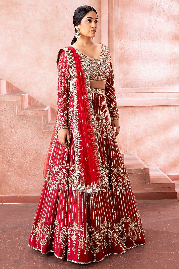Maroon Tulle Sequins & Zari Embroidered Bridal Lehenga Set by Neeta Lulla at Pernia's Pop Up Shop