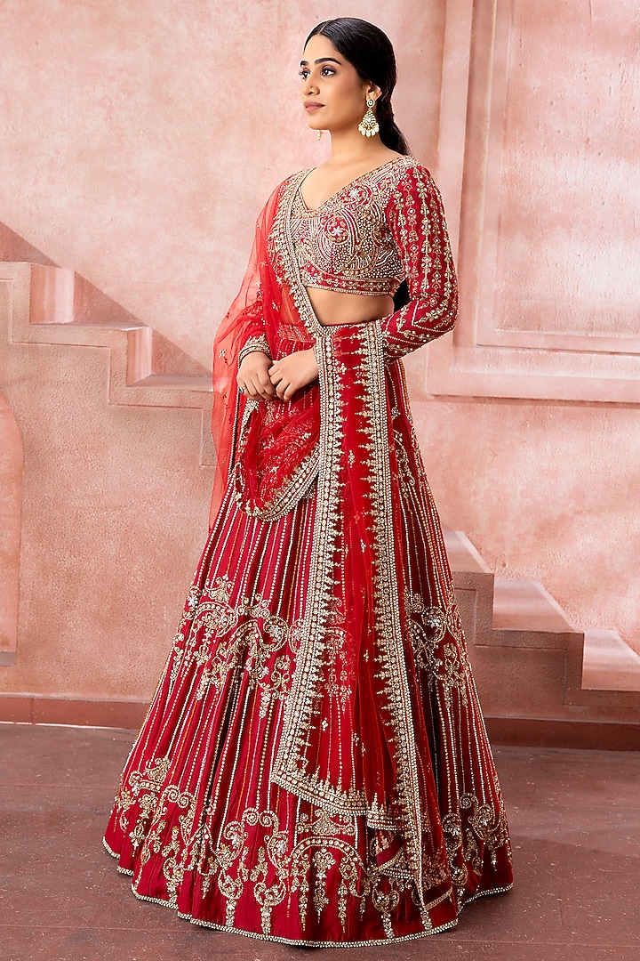 Maroon Tulle Sequins & Zari Embroidered Bridal Lehenga Set by Neeta Lulla at Pernia's Pop Up Shop