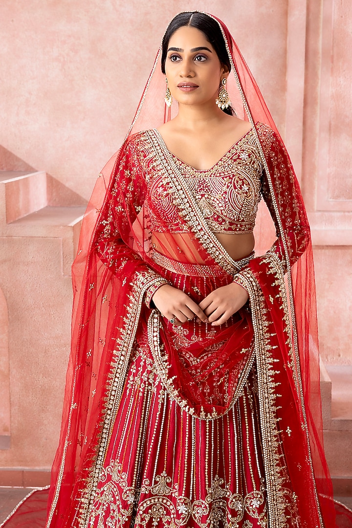 Maroon Tulle Sequins & Zari Embroidered Bridal Lehenga Set by Neeta Lulla at Pernia's Pop Up Shop
