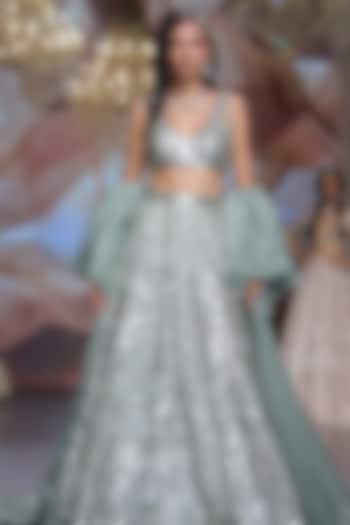 Antique Jade Tulle Crystal Beads Embroidered Bridal Lehenga Set by Neeta Lulla at Pernia's Pop Up Shop