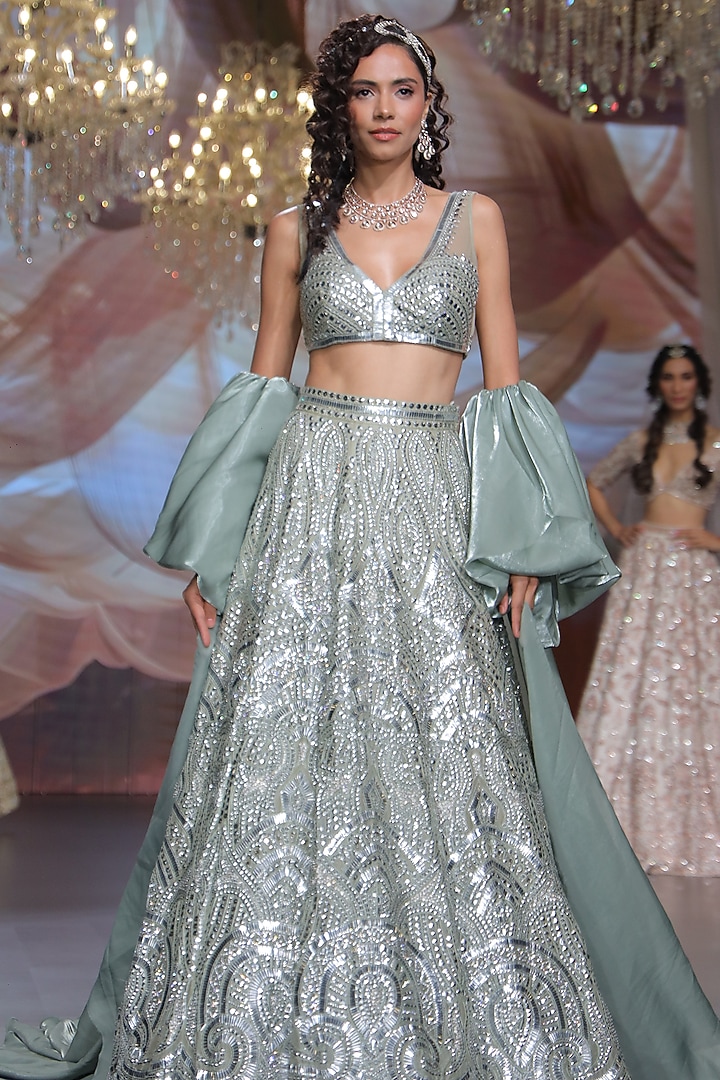 Antique Jade Tulle Crystal Beads Embroidered Bridal Lehenga Set by Neeta Lulla at Pernia's Pop Up Shop