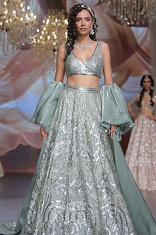 Antique Jade Tulle Crystal Beads Embroidered Lehenga Set by Neeta Lulla