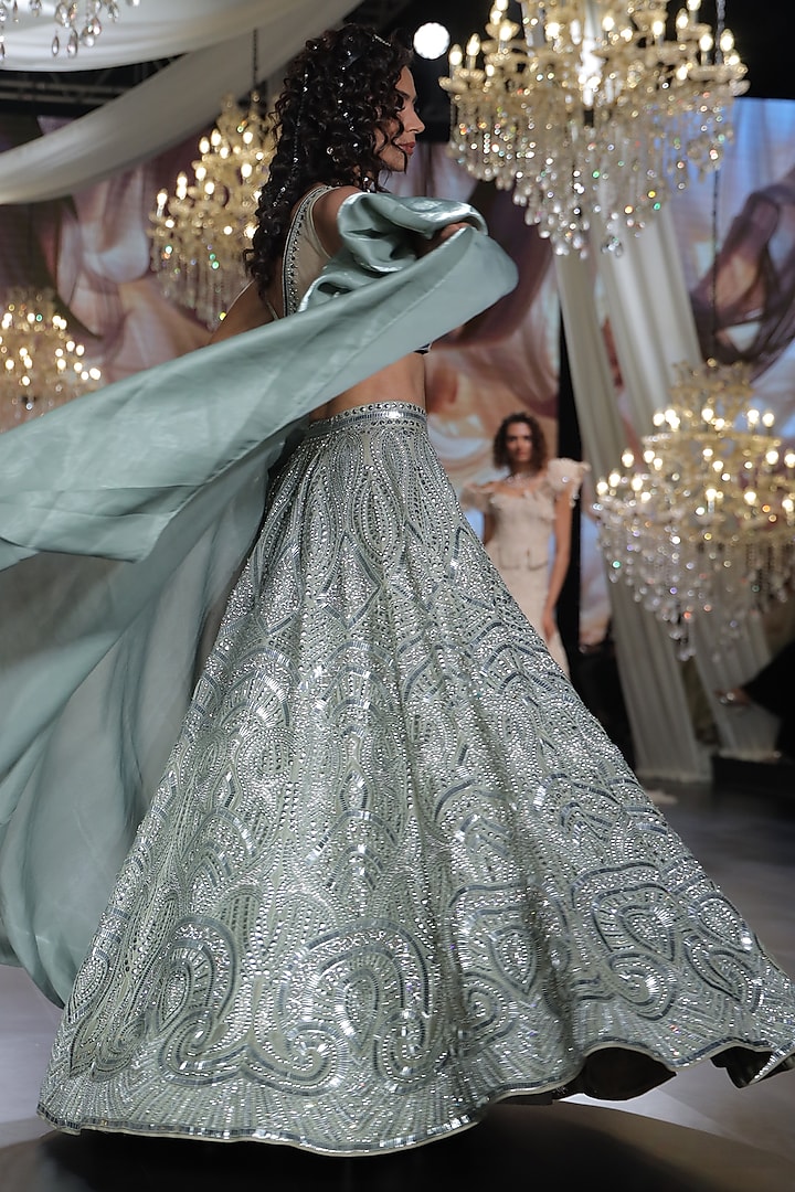 Antique Jade Tulle Crystal Beads Embroidered Bridal Lehenga Set by Neeta Lulla at Pernia's Pop Up Shop