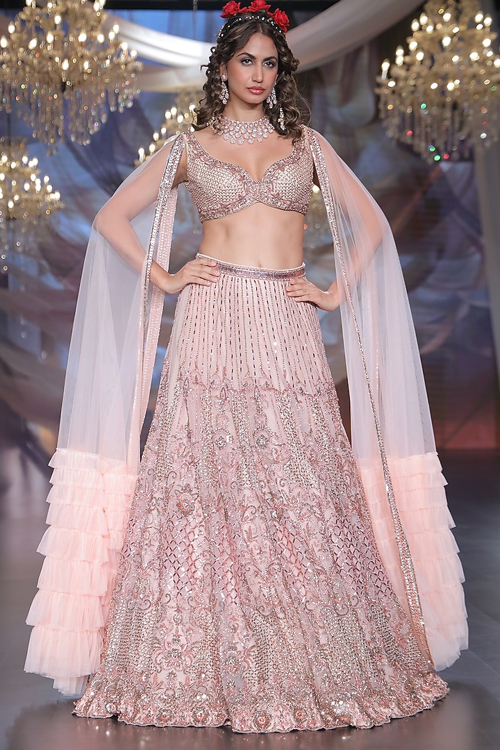 Vintage Blush Tulle Sequins & Cutdana Embroidered Bridal Lehenga Set by Neeta Lulla at Pernia's Pop Up Shop