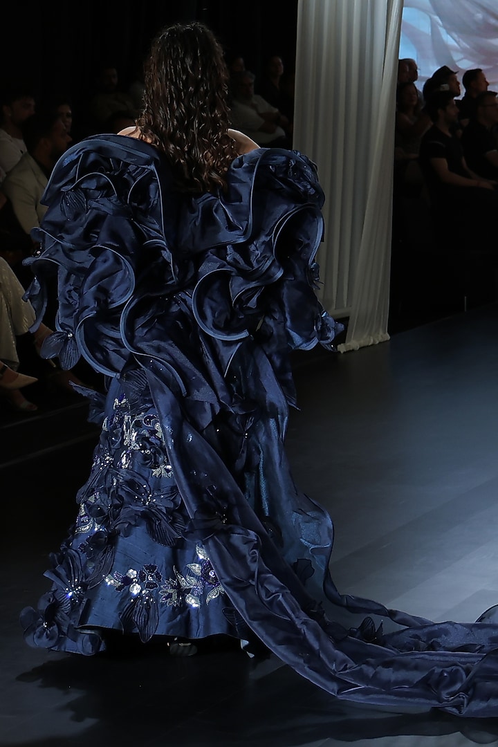 Midnight Blue Tissue Organza 3D Leaf Applique Bridal Lehenga Set by Neeta Lulla at Pernia's Pop Up Shop