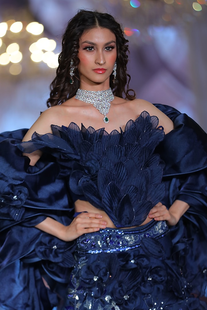 Midnight Blue Tissue Organza 3D Leaf Applique Bridal Lehenga Set by Neeta Lulla at Pernia's Pop Up Shop