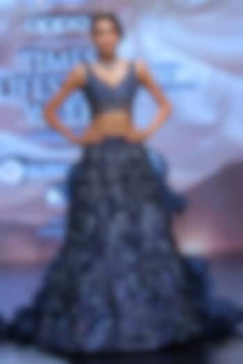 Midnight Blue Tulle Embroidered Bridal Lehenga Set by Neeta Lulla at Pernia's Pop Up Shop