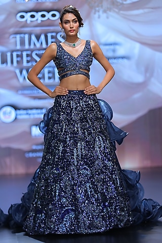 Midnight Blue Tulle Embroidered Lehenga Set by Neeta Lulla