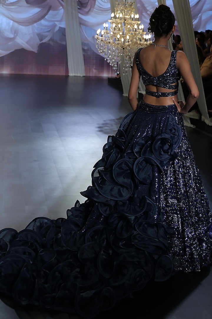 Midnight Blue Tulle Embroidered Bridal Lehenga Set by Neeta Lulla at Pernia's Pop Up Shop