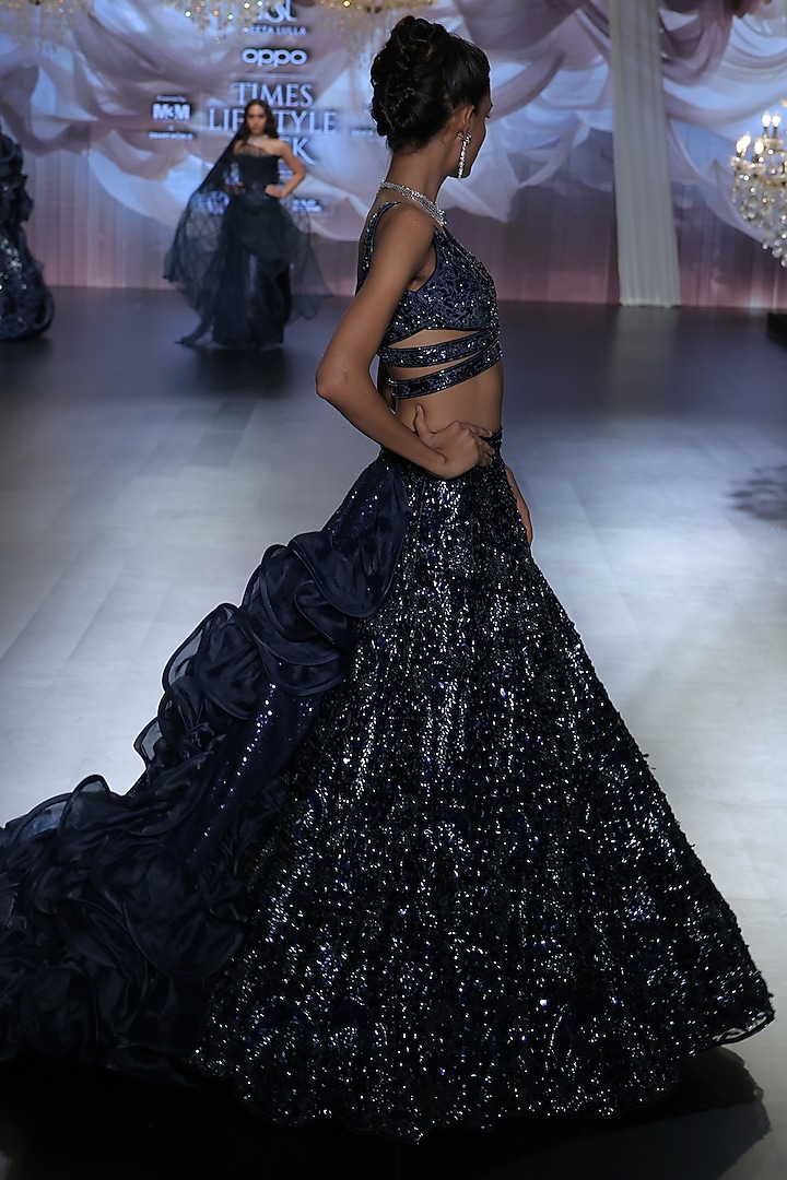 Midnight Blue Tulle Embroidered Bridal Lehenga Set by Neeta Lulla at Pernia's Pop Up Shop