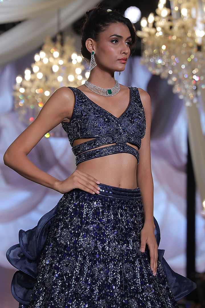 Midnight Blue Tulle Embroidered Bridal Lehenga Set by Neeta Lulla at Pernia's Pop Up Shop