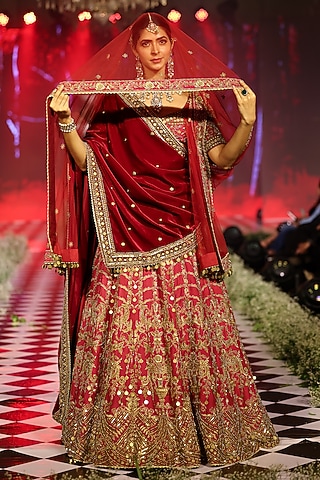 Red Bud Raw Silk Zardosi Embellished Lehenga Set by Neeta Lulla