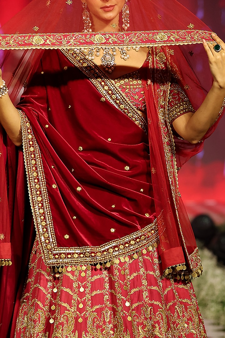 Red Bud Raw Silk Zardosi Embellished Bridal Lehenga Set by Neeta Lulla at Pernia's Pop Up Shop