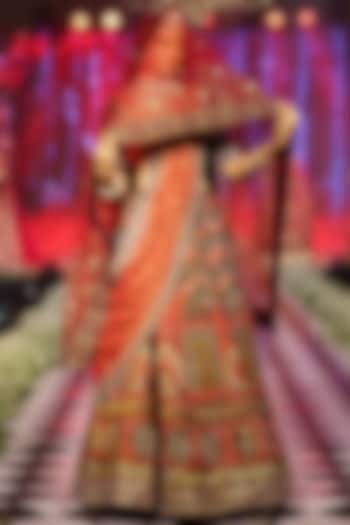 Coral Red Bud Silk Zardosi & Resham Embroidered Bridal Lehenga Set by Neeta Lulla at Pernia's Pop Up Shop