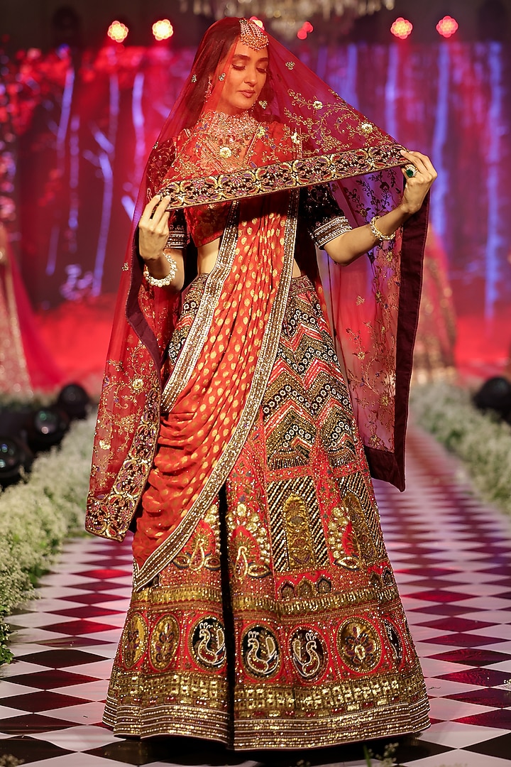 Coral Red Bud Silk Zardosi & Resham Embroidered Bridal Lehenga Set by Neeta Lulla at Pernia's Pop Up Shop