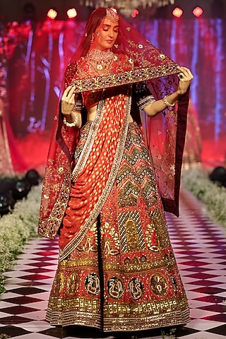 Coral Red Bud Silk Zardosi & Resham Embroidered Lehenga Set by Neeta Lulla