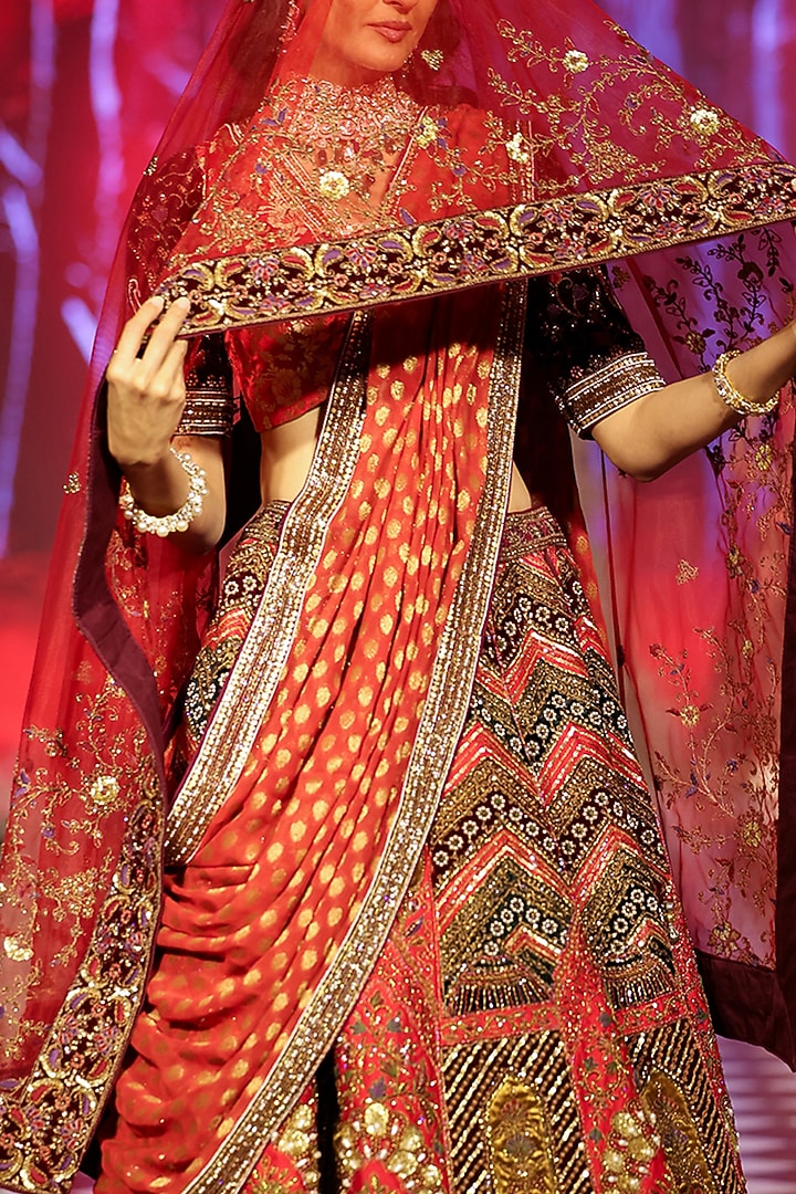 Coral Red Bud Silk Zardosi & Resham Embroidered Bridal Lehenga Set by Neeta Lulla at Pernia's Pop Up Shop