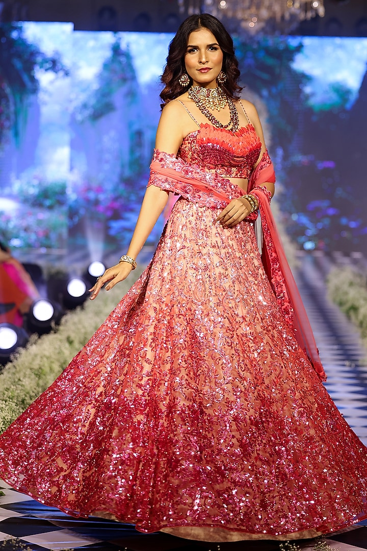 Rose & Raspberry Red Ombre Tulle Sequins Embroidered Bridal Lehenga Set by Neeta Lulla at Pernia's Pop Up Shop
